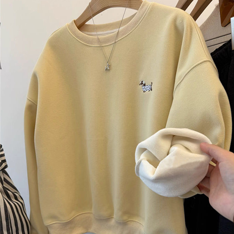 趣味耳机小狗刺绣加绒圆领卫衣女