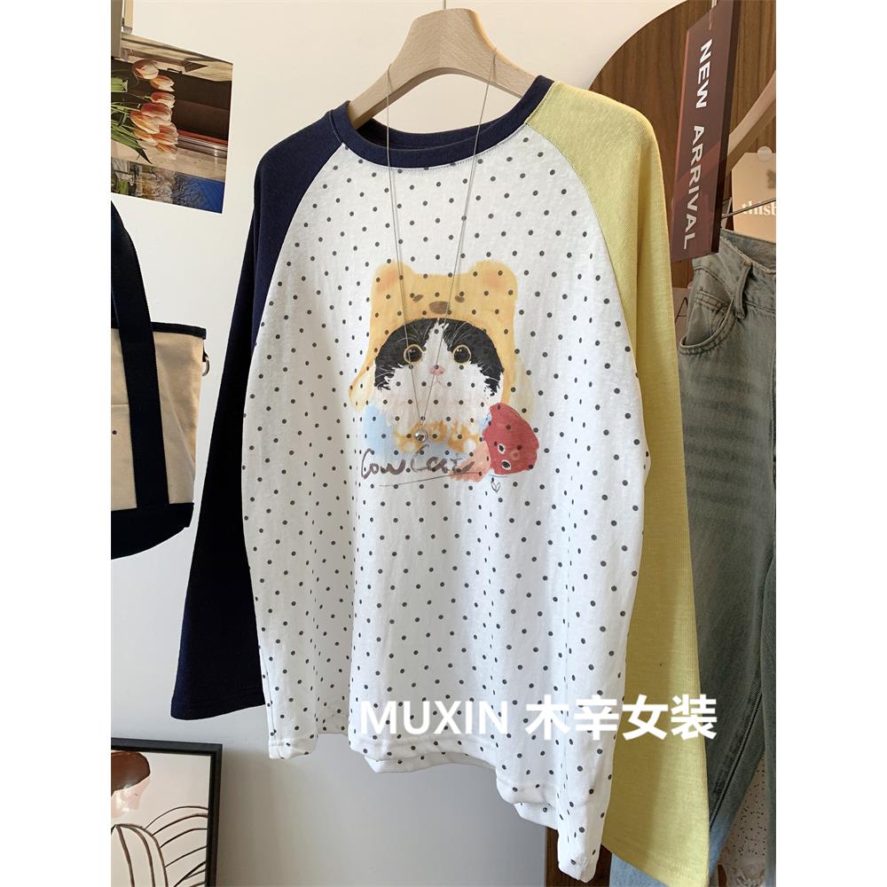 韩系波点帽子小猫印花插肩拼色长袖T恤女秋季新款青春宽松防晒衫