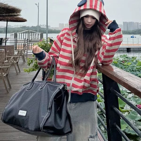 条纹连帽外套卫衣女秋冬加绒加厚