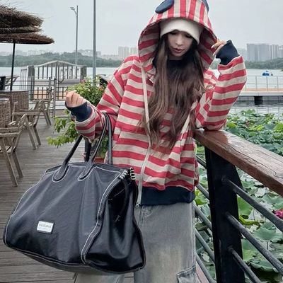 条纹连帽外套卫衣女秋冬加绒加厚