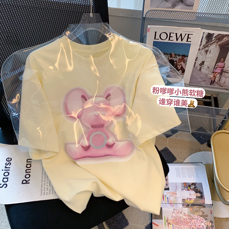 100%纯棉奶黄色卡通图案t恤女短袖潮牌2022夏新款宽松休闲体恤ins