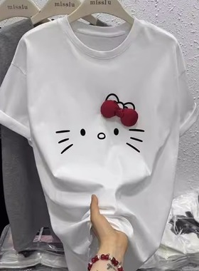 纯棉立体装饰hellkitty欧洲站2025夏季宽松显瘦百搭卡通短袖T恤女