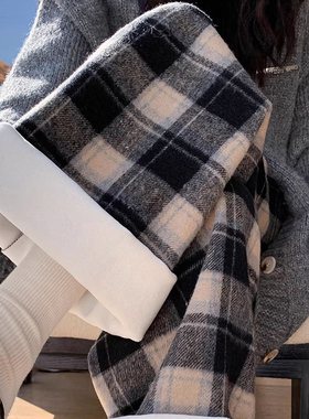 复古毛呢格子裤女2024新款秋冬宽松直筒裤小个子红色圣诞阔腿裤子