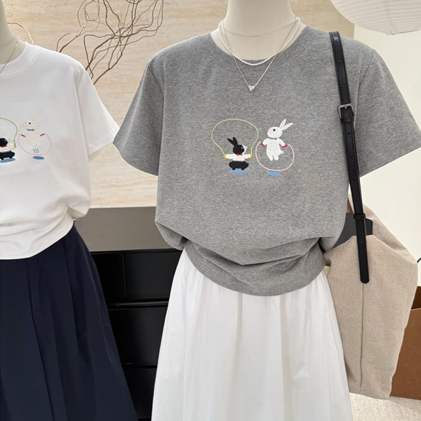 纯棉t重工刺绣跳绳小兔韩国2025年夏季新款宽松正肩短袖女圆领t恤