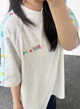 国潮牌高街彩色字母刺绣短袖T恤女夏季撞色条纹ovesize半袖上衣服