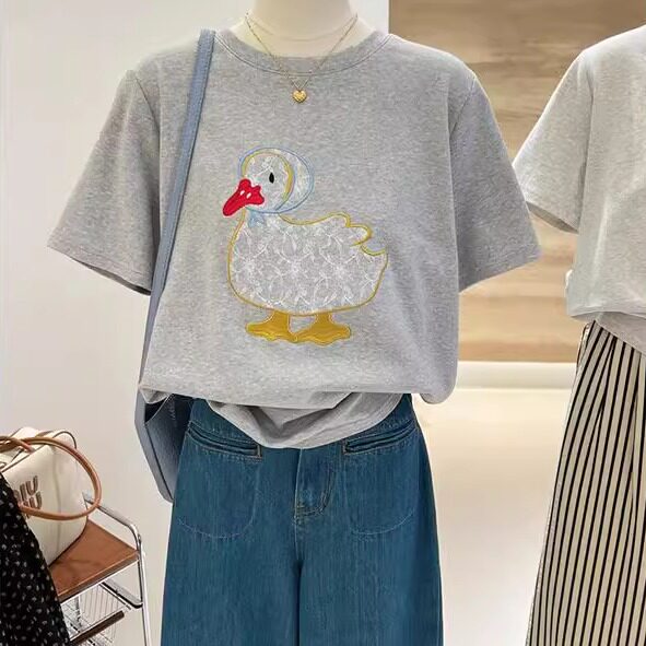 纯棉刺绣蕾丝鸭子夏季新款韩系宽松减龄短袖休闲显瘦T恤女上衣tee