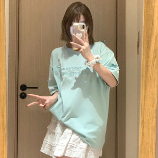 字母刺绣蝴蝶结设计感夏季 宽松体恤上衣ins 薄荷绿圆领短袖 t恤女装