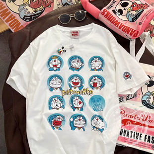 大码 100%纯棉卡通叮当猫短袖 潮牌宽松韩版 夏季 上衣 T恤女2025新款