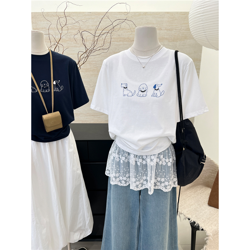 纯棉2025新款夏季韩系趣味卡通印花短袖T恤女百搭三只狗半袖上衣