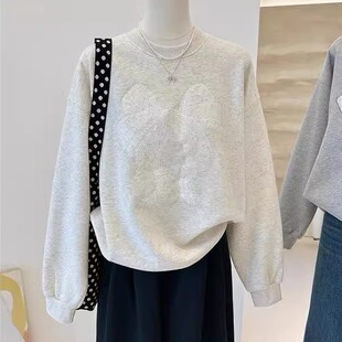 蕾丝刺绣蝴蝶结秋装 套头圆领卫衣女上衣 韩系百搭松弛感高级感长袖