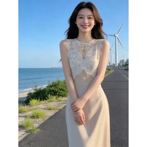 御姐风独特超好看修身包臀吊带长裙小众设计感蕾丝拼接连衣裙26夏
