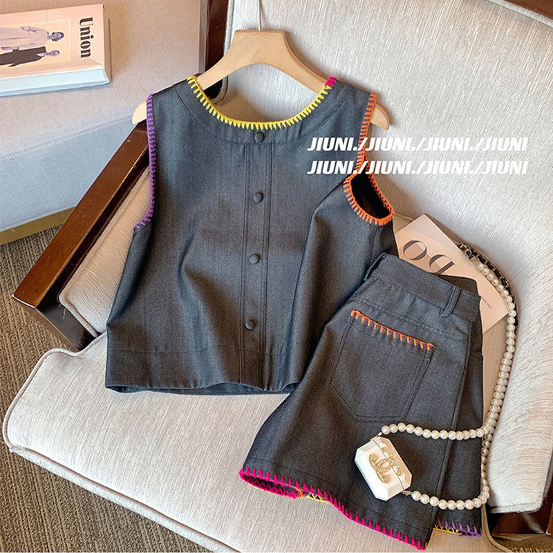 复古小香风撞色无袖套装