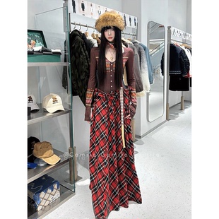费尔岛印花设计红色格纹棉长袖挂脖连衣裙女2025春季a字长裙子