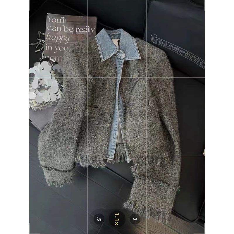 毛呢拼接假两件牛仔外套