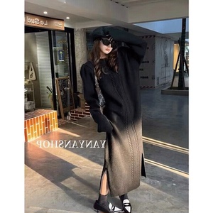 Star圆领麻花毛衣裙女秋冬季新款韩版宽松过膝长款开叉针织连衣裙