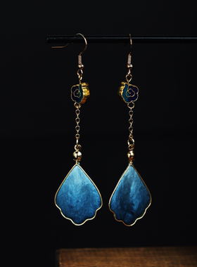 【紫荆】新款手工非遗掐丝线绒花耳环复古旗袍珠子耳坠小众蓝色系