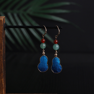 原创纯手工古风非遗绒花耳环葫芦蓝色新中式国风耳钉汉服旗袍耳饰