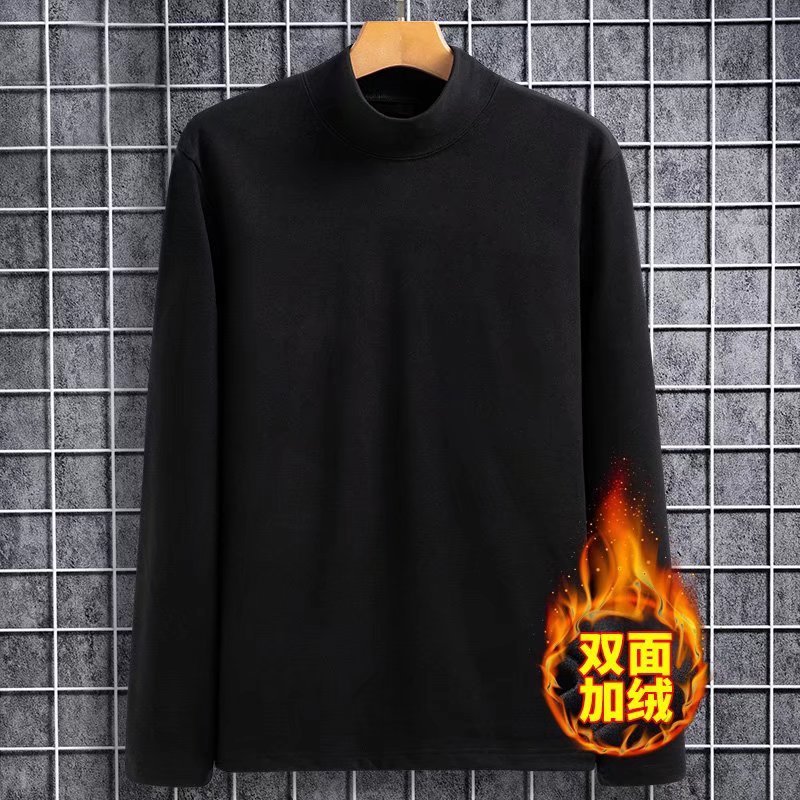 进口春秋冬季保暖男加绒t恤半高领德绒长袖双面绒打底衫男士上衣