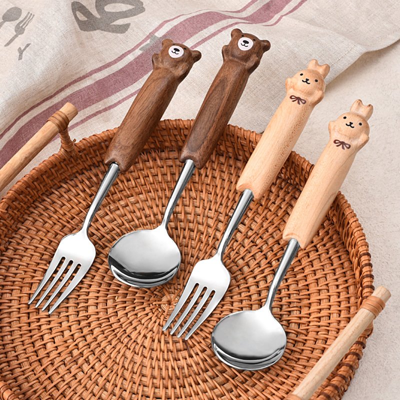 进口创意胡桃木勺子叉子可爱卡通小熊猫咪儿童餐具304不锈钢勺叉