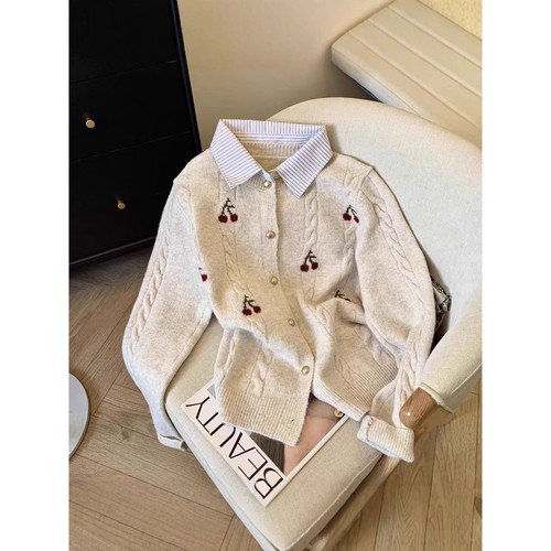 进口羊绒开衫外套女2025秋冬新款假俩件针织衫POLO领毛衣加厚宽松