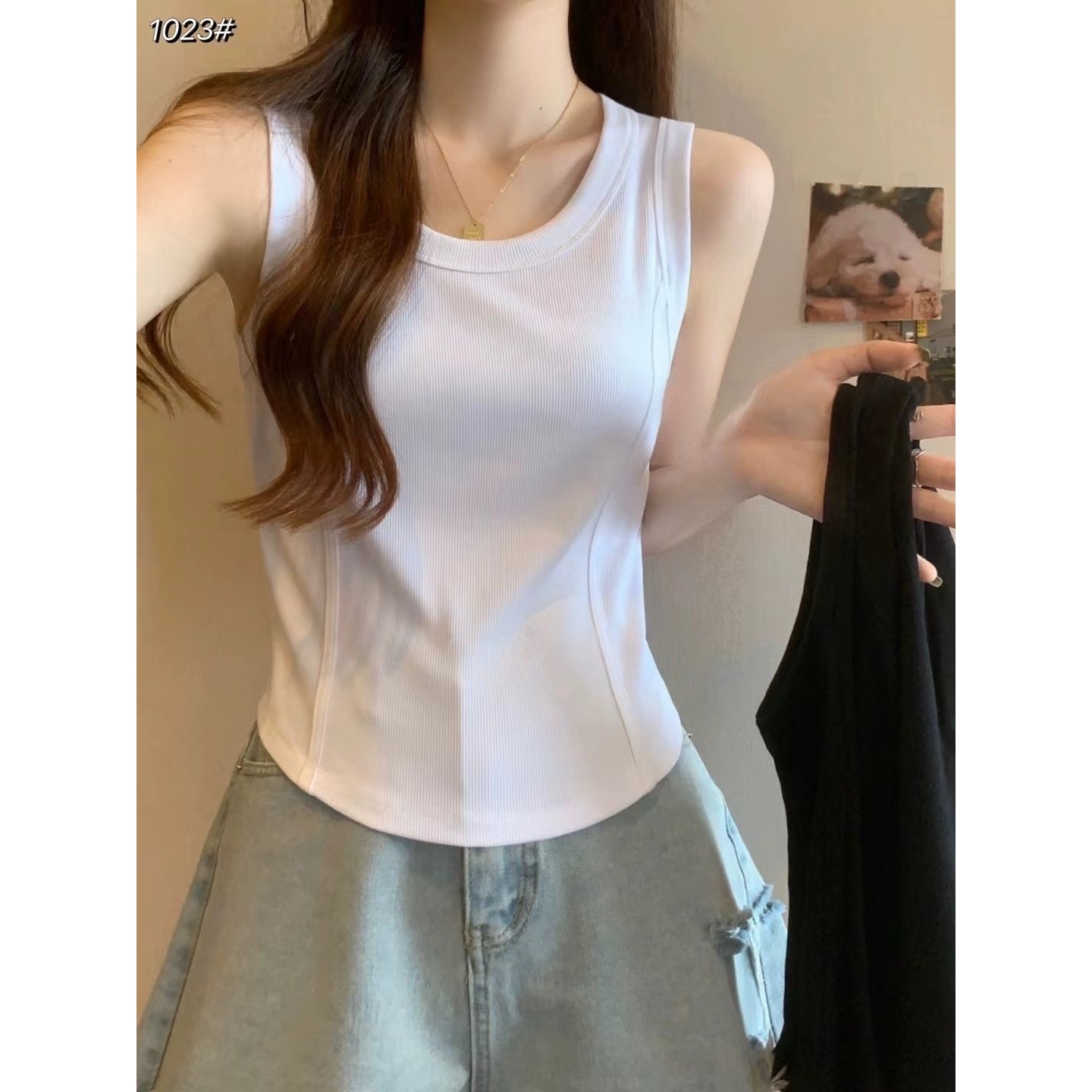 进口新款ins潮辣妹修身鱼骨无袖打底衫女外穿大U领蚂蚁腰内搭宽肩