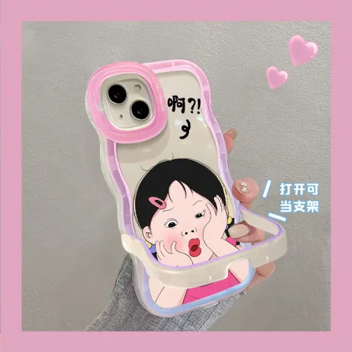 适用苹果15手机壳iPhone13可爱搞怪女孩16波浪边隐形双支架软硅胶