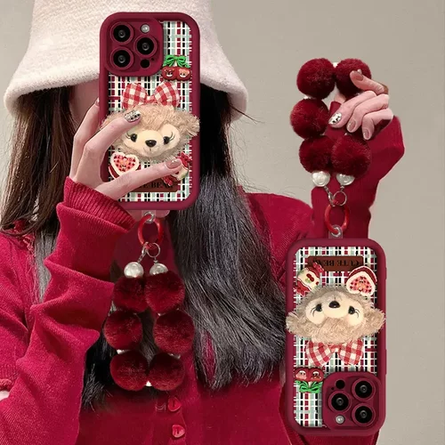 毛绒雪莉玫公仔手链适用苹果16手机壳15pro圣诞节14磨砂硅胶7/8女