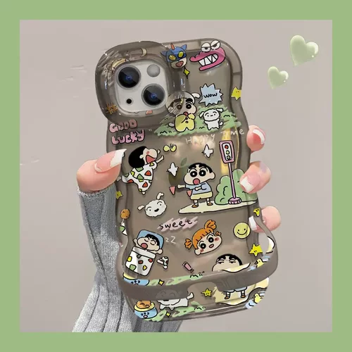 适用苹果15pro手机壳iPhone14满屏睡衣小新13/12波浪边隐形双支架