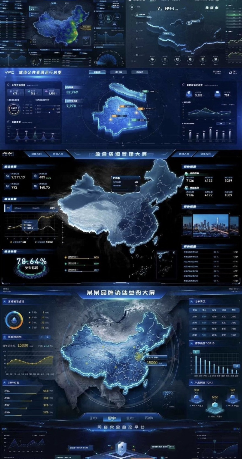 可视化数据展示大屏模板源文件20套 50+个界面。大多数都是PSD格