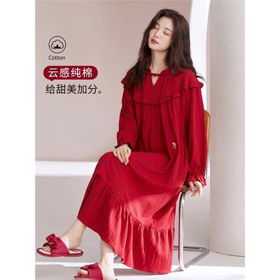 睡裙女秋季纯棉长袖春秋款本命年连衣裙焰红色睡衣女款2025新款夏