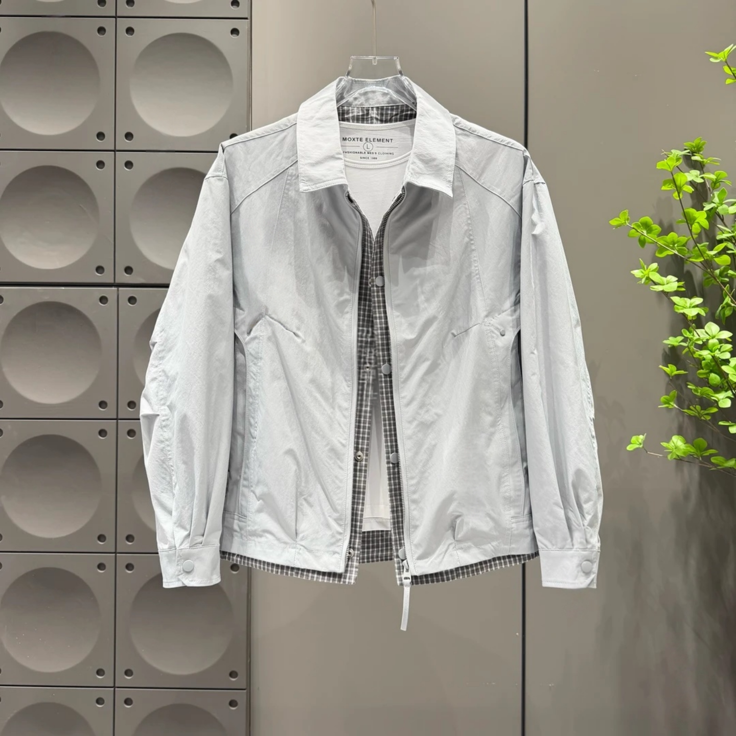 男士春季新款潮流格子拼接假两件翻领百搭夹克外套时尚休闲高级感