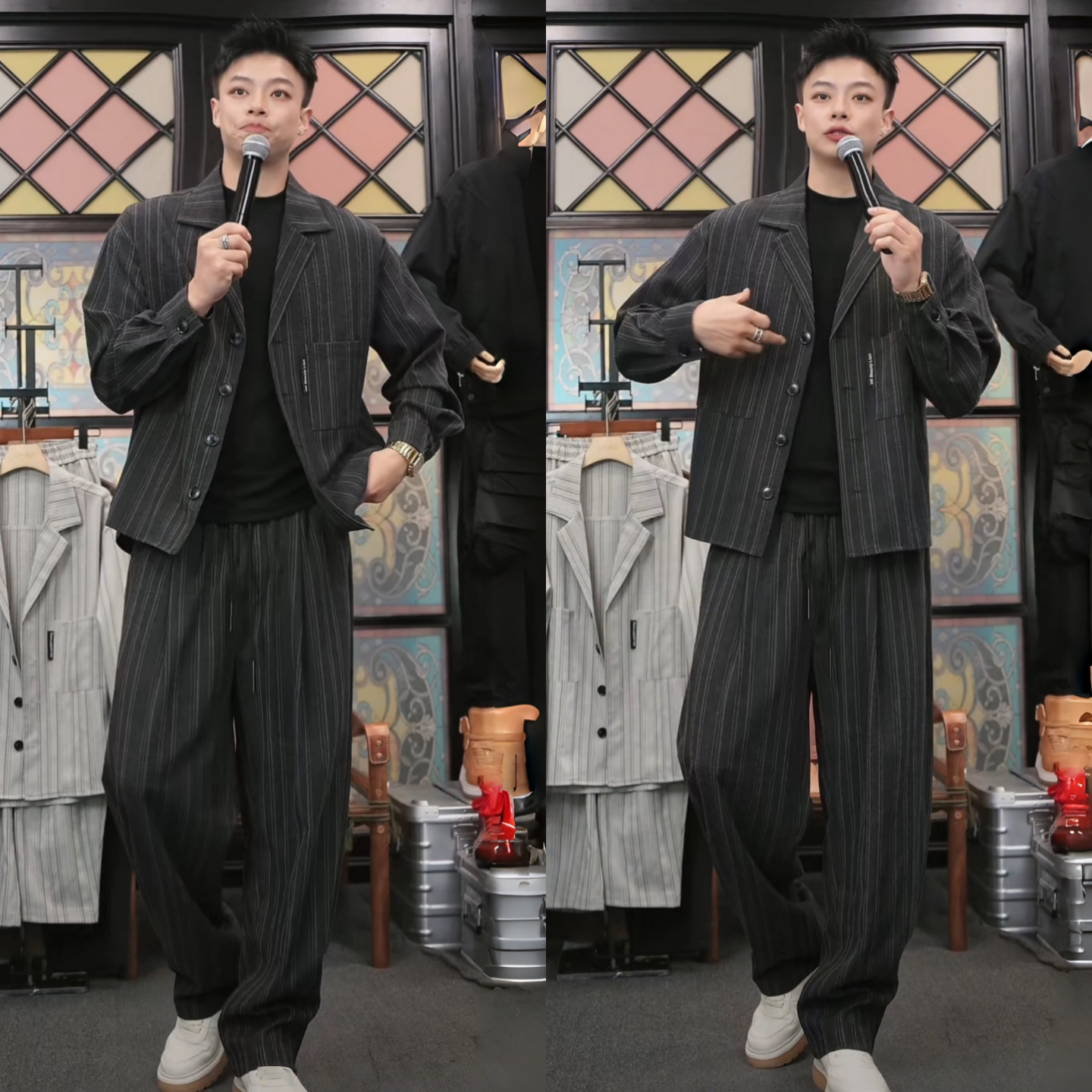 2026年春季新款轻奢风男士条纹西装套装老钱风长袖外套长裤两件套