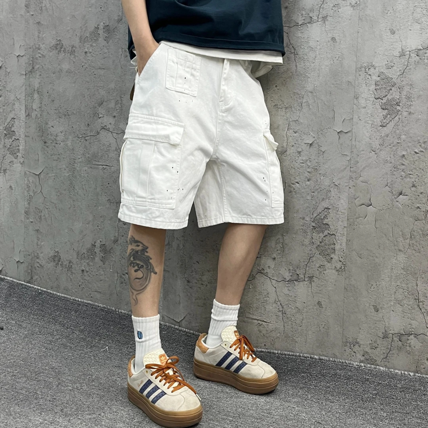 韩版夏新款重磅水洗宽松工装大口袋白色竹节牛仔短裤五分裤男女