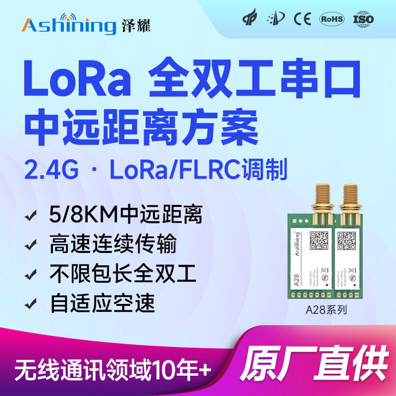 泽耀LoRa全双工SX1281无线串口模块2.4G自适应空速高速连传8000m