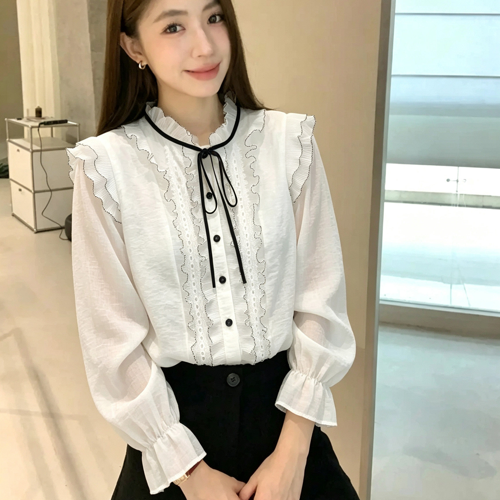 法式立领木耳边长袖雪纺衬衫女