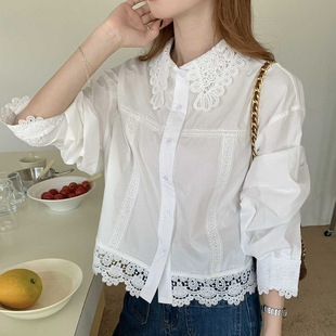 法式甜美娃娃领减龄蕾丝衬衫女夏季气质宽松显瘦百搭泡泡长袖上衣