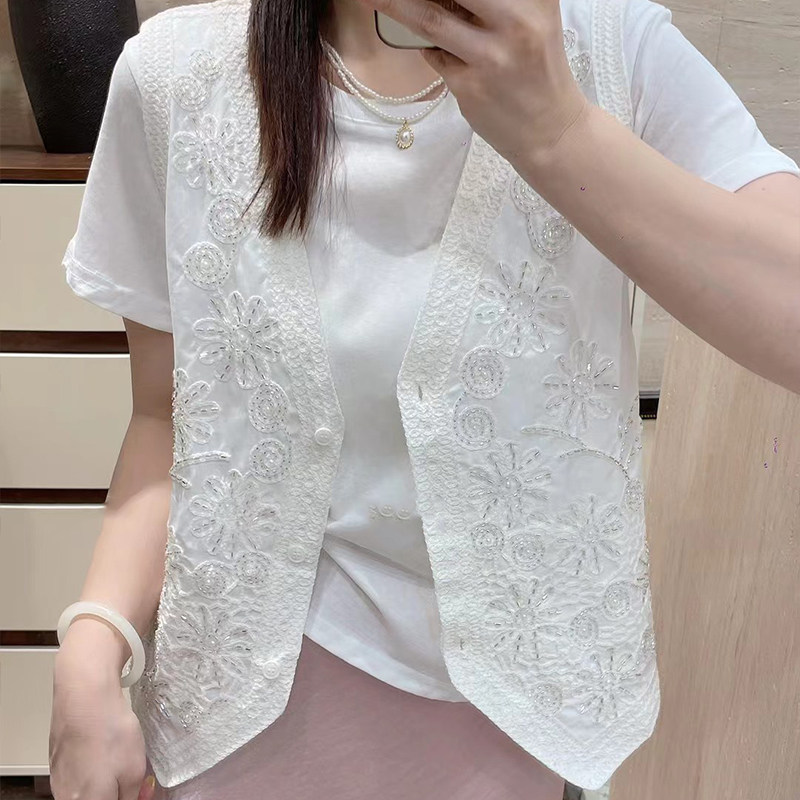 重工钉珠刺绣马甲套装女2026年夏新款坎肩外搭背心T恤两件套上衣