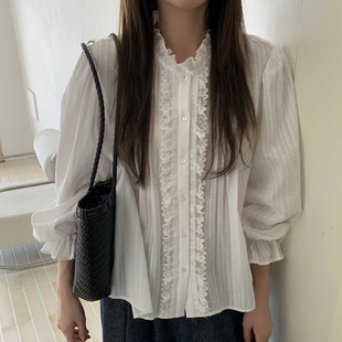 法式甜美木耳边喇叭袖蕾丝衬衫2025秋新款小个子宽松显瘦减龄上衣