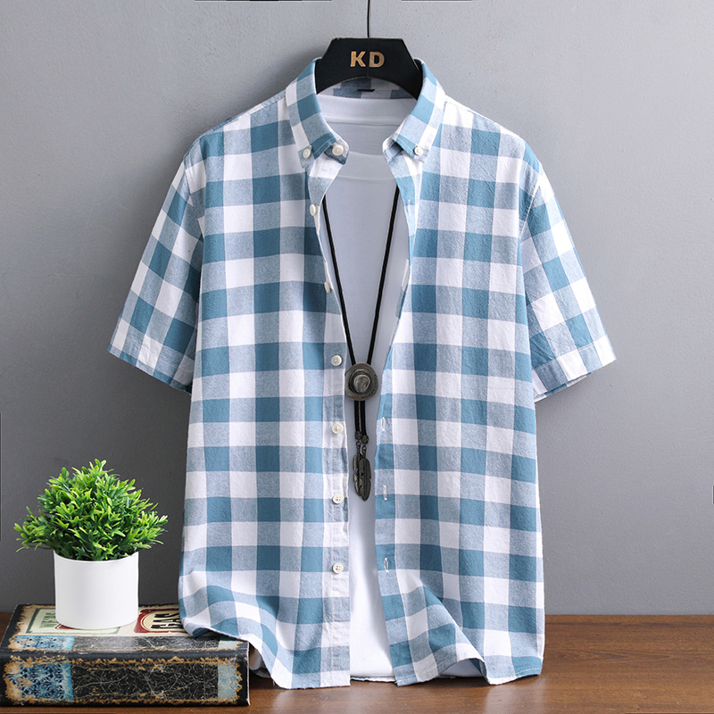 方格子长袖衬衫男100%纯棉衬衣服初高中学生蓝色夏季防晒服薄外套