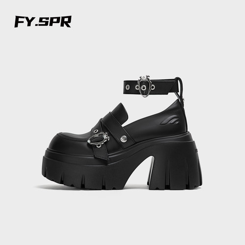 【黄霄雲同款】方元日记FYSPR 方酪系列黑真皮厚底粗跟增高乐福鞋