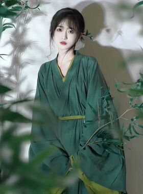 绿色汉服女夏季中国风直裾古装魏晋古风改良春秋款广袖流仙裙飘逸