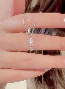 S999纯银流苏蝴蝶项链女轻奢小众