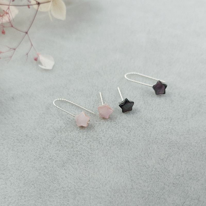 手工6mm天然蝶贝粉黑泛彩星星小耳钉999纯银足银耳针耳骨钉养耳