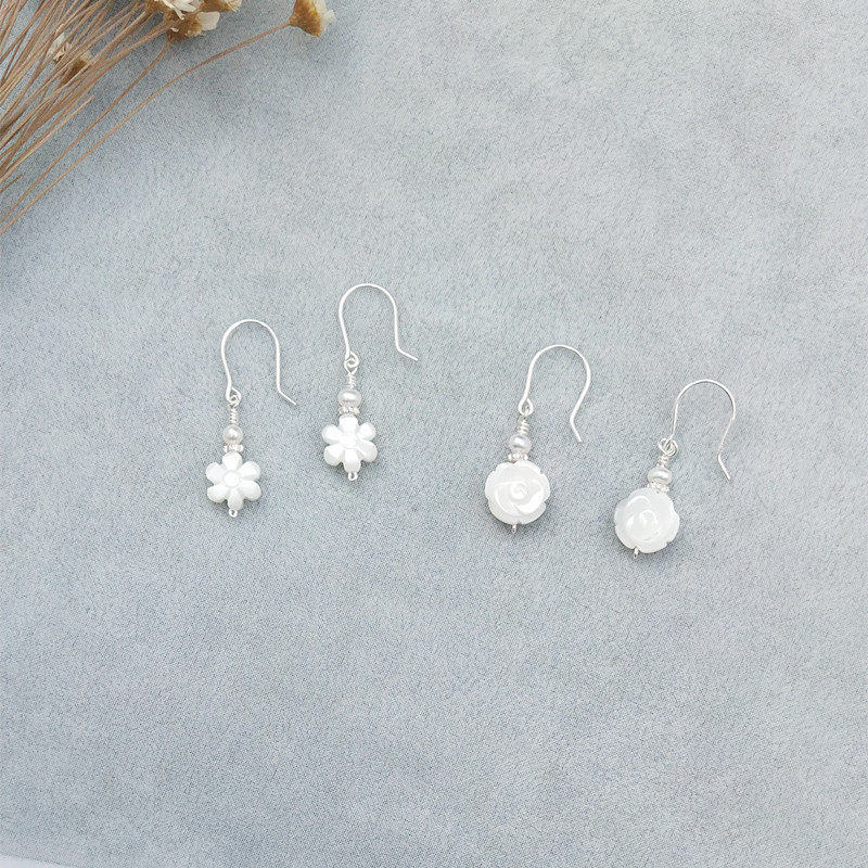 手工天然贝壳玫瑰花文艺小清新耳环耳坠999纯银足银耳钩养耳耳饰