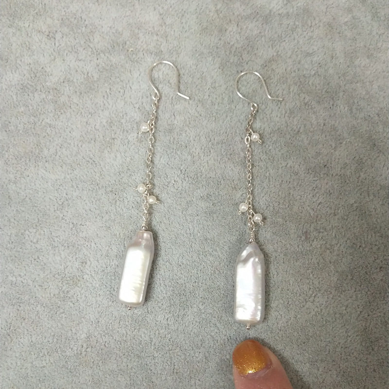 手工999足银耳钩巴洛克长条珍珠