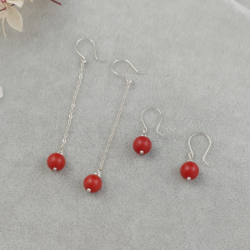 手工古风999纯银足银耳钩深红色朱砂圆球小耳环长款流苏耳线耳饰
