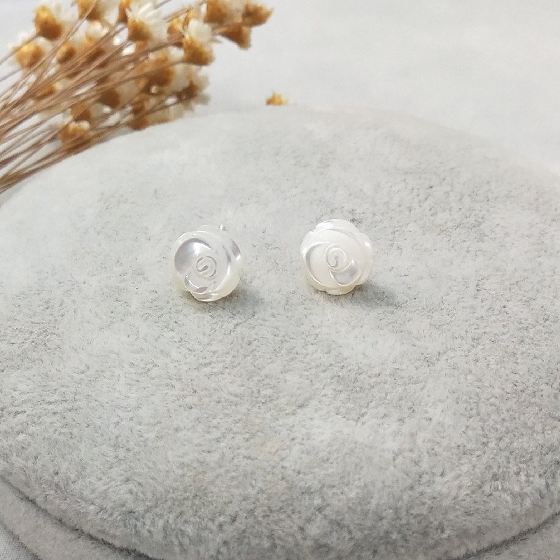 手工999纯银足银耳针天然贝壳玫瑰花个性小众百搭耳钉银耳饰养耳