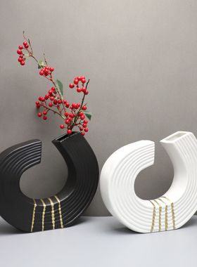 现代简约音符钩子黑白树脂花器样板房家居玄关轻奢花插瓶软装摆件