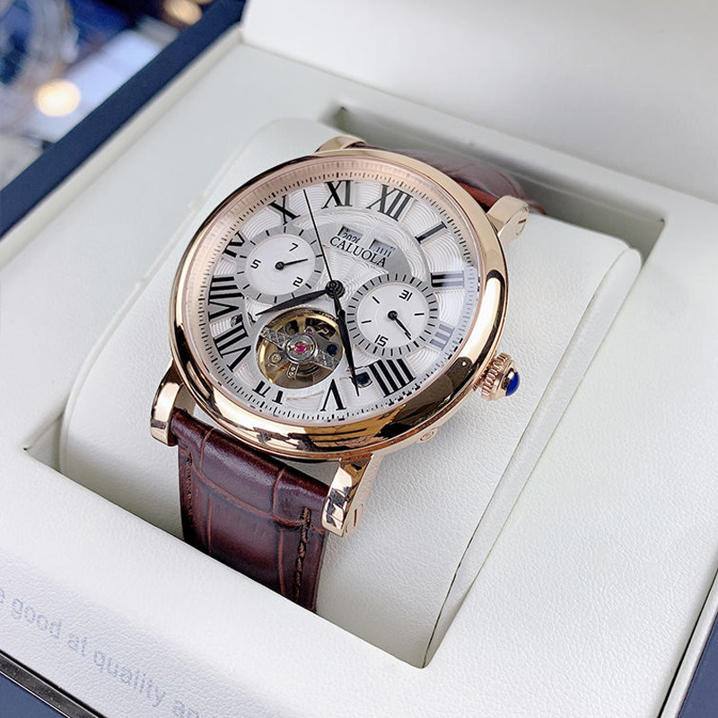卡罗莱手表男机械表全自动多功能官方正品大表盘复古三眼男士腕表