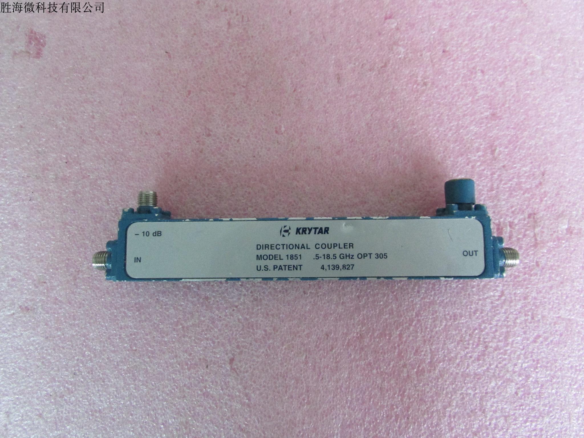 KRYTAR 1851 0.5-18GHz 10dB SMA射频微波宽带定向耦合器 品牌：KRYTAR 型号：1851 频率：  0.5-18.5 GHz 低电平灵敏度： > 10μV/μW 频率灵敏度：± 1 dB 定向性： > 15 dB 驻波比：1.35 插入损耗： <1.